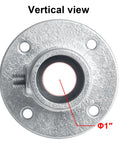 Vertical view of Heavy Duty 4 Pack Railing Flange Pipe Base Fitting For 1 Inch Schedule 40 Pipe showing 1" opening and bolt holes.