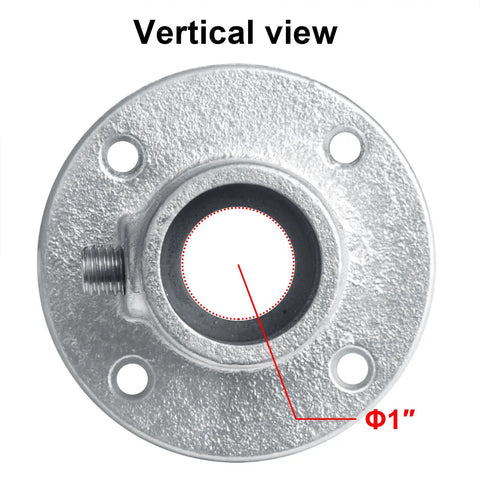Vertical view of Heavy Duty 4 Pack Railing Flange Pipe Base Fitting For 1 Inch Schedule 40 Pipe showing 1" opening and bolt holes.