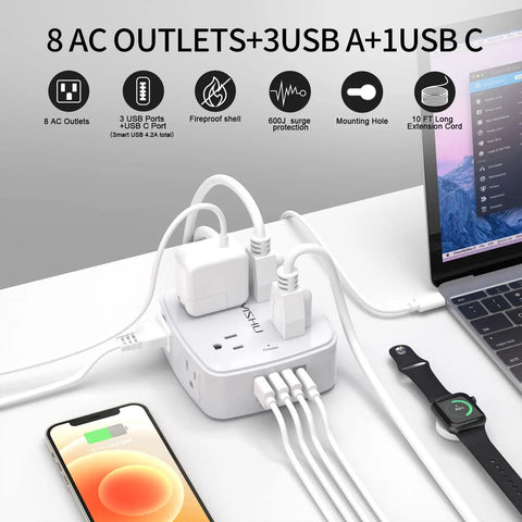 10 Foot Surge Protector Power Strip With 8 Wide AC Outlets And 4 USB Ports 3-Side Extender Built To Power Up Every Device in use