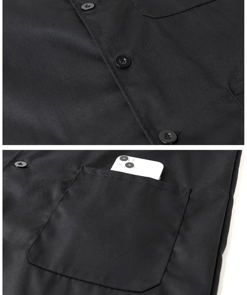 Close-up of Men's Mechanic Lab Coat For Workshop And Woodworking, Long Black Shop Coat XL, reinforced pocket with smartphone.
