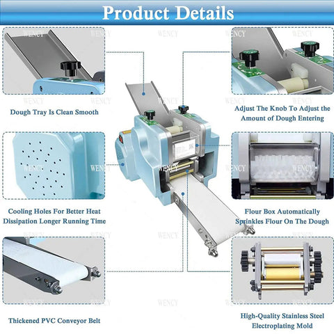 Hella Fast Automatic Dumpling Skin Maker Whips Up Ravioli Sheets And Pasta Dough Presser showing dough tray, flour box, and PVC conveyor belt.