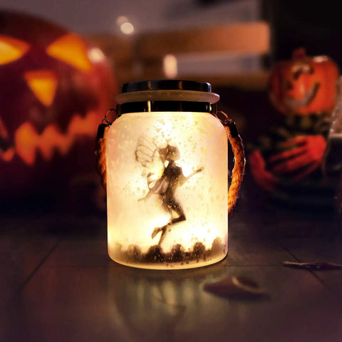 2 Pack Solar Lantern Fairy Lights For Outdoor Decor White Frosted Glass Hanging Jar with fairy silhouette glowing at night