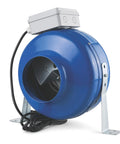 6 Inch Inline Duct Fan With Centrifugal Impeller, Delivers 456 CFM At Zero Static Pressure, 420 CFM At 0.2 In, External Rotor Motor, 152 W, Easy Install With Mounting Brackets And Power Cord. Blue metal inline duct fan with brackets and cord