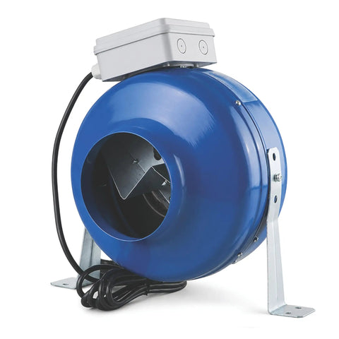 6 Inch Inline Duct Fan With Centrifugal Impeller, Delivers 456 CFM At Zero Static Pressure, 420 CFM At 0.2 In, External Rotor Motor, 152 W, Easy Install With Mounting Brackets And Power Cord. Blue metal inline duct fan with brackets and cord