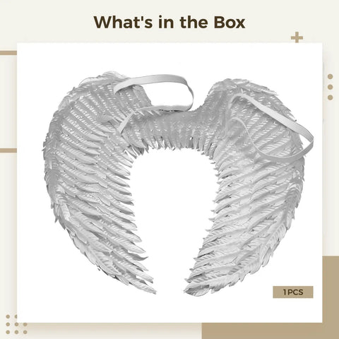 Lightweight White Angel Wings With Silver Foil And Feather Detail Cosplay Costume Accessory For Heavenly Grace Photoshoots And Themed Performances And Glow Up Costume Parties displayed in box with straps visible