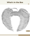 White Feathered Angel Wings With Adjustable Straps Dope Lightweight Costume Accessory For Cosplay Parties Halloween Or Themed Events Silver Foil Accents Realistic Wing Prop For Women And Men displayed against a white background