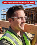 Heavy Duty Safety Glasses Bulk Pack Of One Hundred With Ansi Z87 Certification And Scratch Resistant Polycarbonate Lenses worn by a man carrying wood.