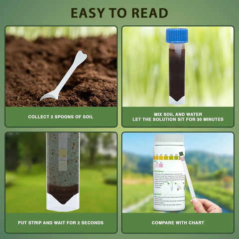 Soil pH And Nitrogen Test Kit With Test Tube 100 Tests showing easy soil testing steps with test tube and results chart