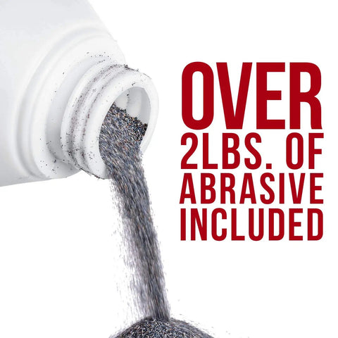 Heavy Duty Sand Blaster Kit With Recovery System And Air Compressor image showing over 2 lbs of abrasive included pouring from bottle.