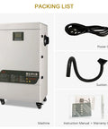 Heavy Duty Smoke Purifier Featuring Six Layer HEPA And Dual Carbon Fume Extractor With Spark Arrester with accessories: power cord, suction arm, manual.