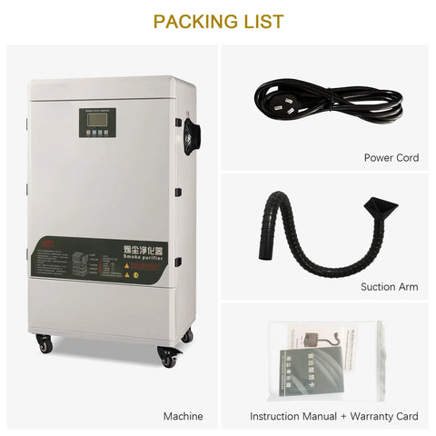 Heavy Duty Smoke Purifier Featuring Six Layer HEPA And Dual Carbon Fume Extractor With Spark Arrester with accessories: power cord, suction arm, manual.