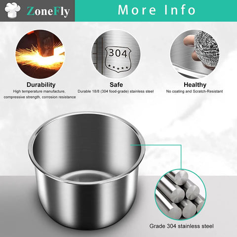 Stainless steel Replacement Inner Pot For 6 Quart Power Cooker XL With 2 Pack Silicone Gasket Seals, durability features shown