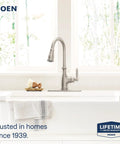Traditional One Handle Kitchen Faucet In Spot Resist Stainless With Pull Down Sprayer Power Boost Quick Rinse Reflex Retractable Hose Dead Simple Install Slick Steel For Everyday Upgrades in a bright kitchen setting