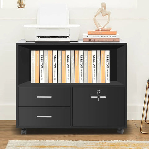 Slick Three Drawer File Cabinet With Secure Lock, Smooth Rollin Office Storage Unit Packed With Handy Shelves And Tough Printer Stand, Matte Black Build With No Sweat Assembly