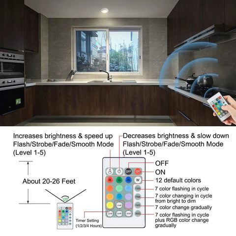 Wireless Battery Powered Ceiling Light With Remote RGB Color Changing Mood Lighting in kitchen with demonstration of remote control use.