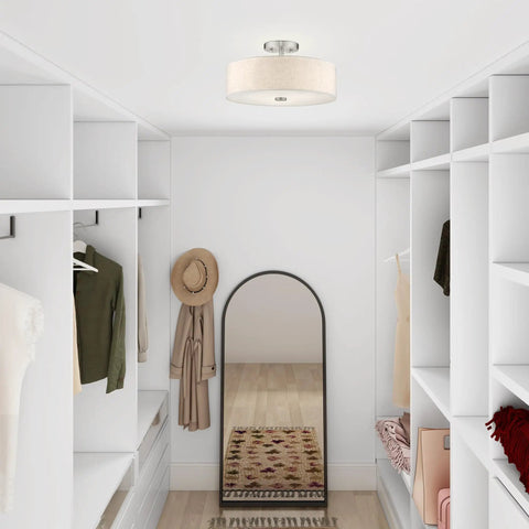 Meridian 3 Light Ceiling Mount Fixture in brushed nickel with oatmeal fabric drum shade in a modern organized closet