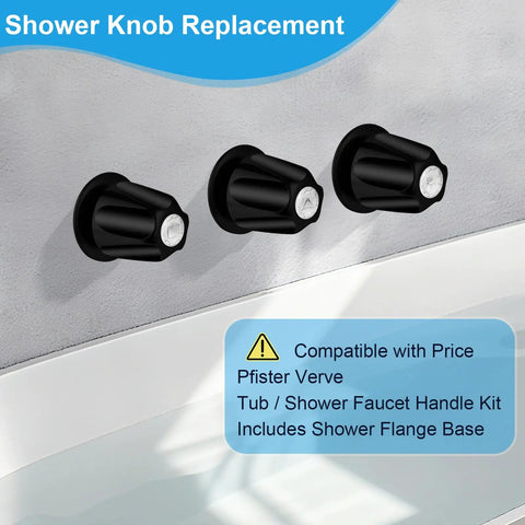Matte Black Shower Knob 3 Piece Replacement Kit With Stems And Flange Base For 3 Handle Tub And Shower Faucets, Leak Fix, Easy DIY Upgrade