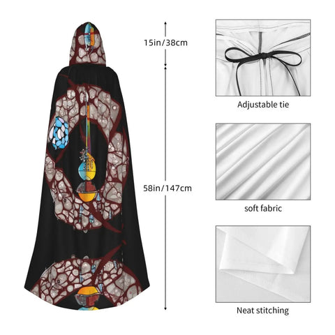 Halloween Adult Hooded Cape With Full Body Transfer Print For Costume Role Play Masquerade Theme Party And Carnival, shown in vibrant colors with size details.