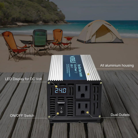 Solid 1000 Watt Pure Sine Wave Inverter Yanks Quick 48 V DC And Turns It Into Smooth 110 120 V AC With Dual Outlet Plugs And Crisp LED Display Off Grid Portable Power Converter at a beach setup.