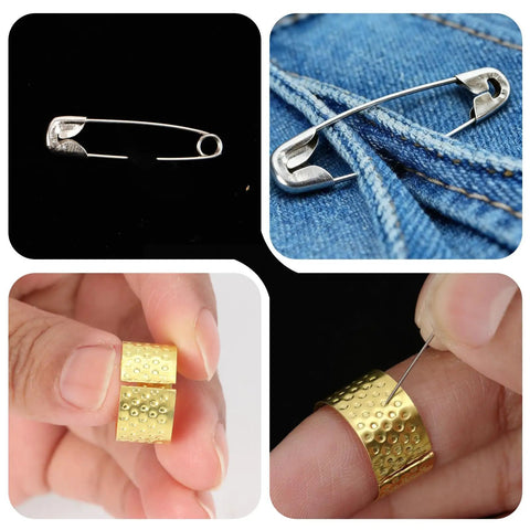 Safety pins on denim and fingers demonstrating needle thread guide features for quick fixes in sewing projects.