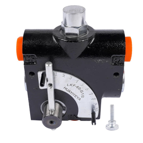 Front view of hydraulic adjustable flow control valve with relief, 1/2 in NPT, black body, orange end caps, silver dial