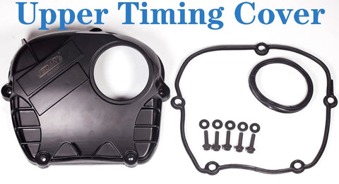 Leak Proof Aluminum Engine Upper Timing Chain Cover With Gasket For Volkswagen And Audi 2.0L EA888 Engines displayed with gasket and bolts