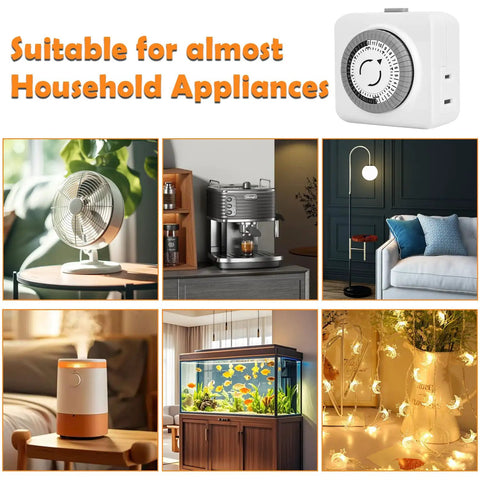 24 Hour Mechanical Outlet Timer With 30 Minute Intervals For Indoor Lights And Fans Daily Automatic Switch No Sweat Programming Plug In Time Switch For Holiday Decor 2 Pack with various household appliances.