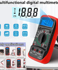 Multifunctional digital multimeter with red casing, showing readings on LCD screen and various applications displayed below.