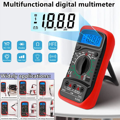 Multifunctional digital multimeter with red casing, showing readings on LCD screen and various applications displayed below.
