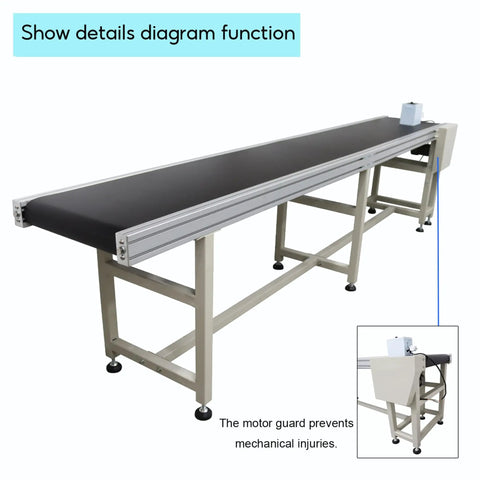 Super Tough Electric PVC Flat Conveyor Belt System for Packing and Shipping with 118 Inch Long by 15.7 Inch Wide Belt, side view