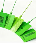 Large 50 Pack Plastic Shipping Tags With Metal Insert Lock 4x3.2 Inch Waterproof Blank Cargo Labels For Heavy Duty Logistics And Asset Tracking, five green tags with QR code and barcode.