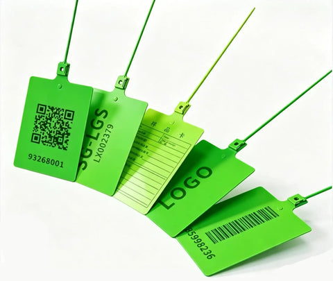 Large 50 Pack Plastic Shipping Tags With Metal Insert Lock 4x3.2 Inch Waterproof Blank Cargo Labels For Heavy Duty Logistics And Asset Tracking, five green tags with QR code and barcode.