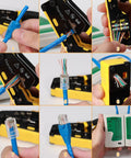 Pass Through RJ45 Crimp Tool Kit For Cat5e Cat6 Ethernet Plugs Pro Grade No Fuss All In One Crimping Tool With Spare Blades 50 Pack Pass Through Connectors Cable Tester Wire Stripper And Diagonal Cutters in use, showcasing crimping steps and cable testing.