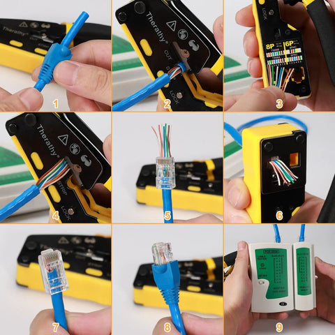 Pass Through RJ45 Crimp Tool Kit For Cat5e Cat6 Ethernet Plugs Pro Grade No Fuss All In One Crimping Tool With Spare Blades 50 Pack Pass Through Connectors Cable Tester Wire Stripper And Diagonal Cutters in use, showcasing crimping steps and cable testing.