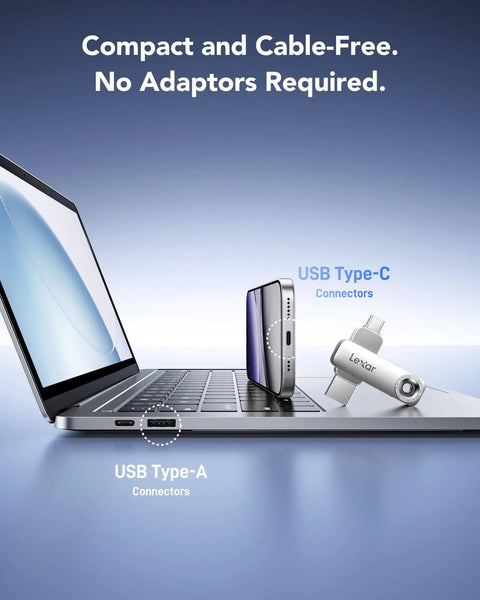 Dual USB C And USB A Flash Drive 128GB High Performance Solid State Dual Drive inserted in laptop showcasing ports
