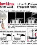 Hawkins Safety Valve instructional poster for a 3-piece pressure cooker vent valve set; vent tube diagram and steam images.