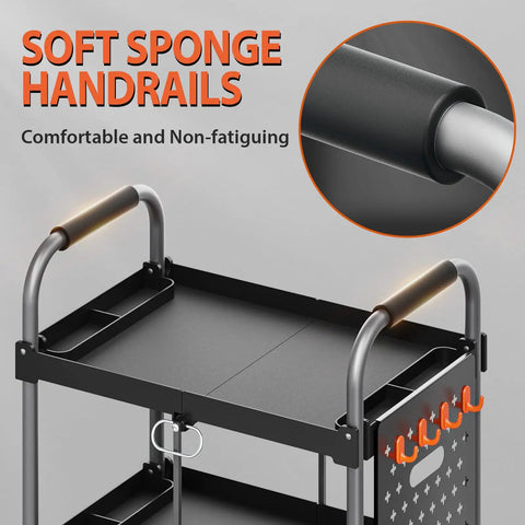Foldable 3 Tier Rolling Tool Cart On Wheels With 330 Lb Capacity, Heavy Duty Tool Chest Organizer, Shelf And Cabinet For Garage, Shop, Warehouse, Portable Black, soft sponge handrails