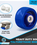 Heavy Duty Swivel Casters With Solid Polyurethane Wheels Stainless Steel Industrial Set Of Four 3000 Pound Capacity showcasing a blue 750lbs wheel with Delrin bearings.