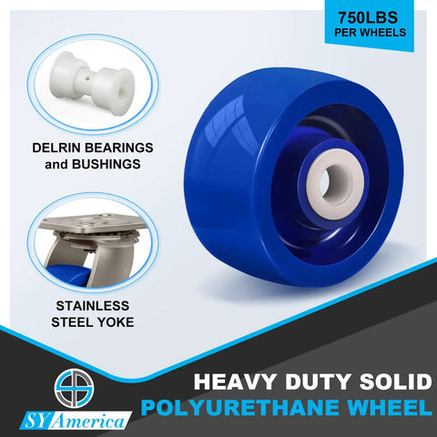 Heavy Duty Swivel Casters With Solid Polyurethane Wheels Stainless Steel Industrial Set Of Four 3000 Pound Capacity showcasing a blue 750lbs wheel with Delrin bearings.