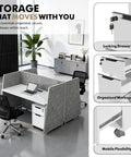 Scalable Eight Person Modular Cubicle Workstation With Plug And Play Power Outlets And Rolling Storage Drawers Featuring Actual Quiet Acoustic Panels For Zero Stress Workday Flow In Bright White with locking drawer and organized workspace.