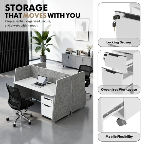 Scalable Eight Person Modular Cubicle Workstation With Plug And Play Power Outlets And Rolling Storage Drawers Featuring Actual Quiet Acoustic Panels For Zero Stress Workday Flow In Bright White with locking drawer and organized workspace.
