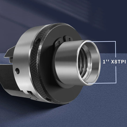 Close-up of 2-inch pen-drilling wood lathe chuck showing 1-inch x 8 TPI direct thread