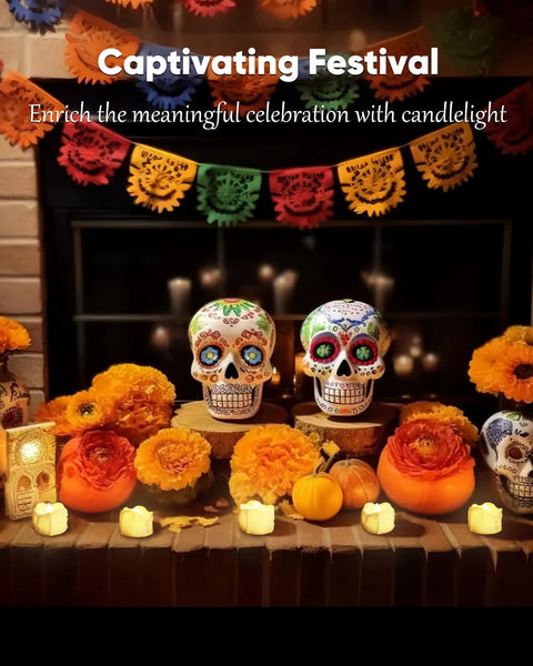 12 Pack Flameless Tea Lights With Timer Auto On For 6 Hours, Off 18 Hours Everyday on a colorful festival altar with skulls
