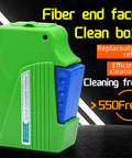 Optical fiber connector cleaner in green housing with blue cassette.