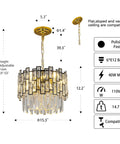 Diagram of modern crystal chandelier with metal frame and K9 crystals, diameter 15.35 inch, height adjustable, 6 light pendant.