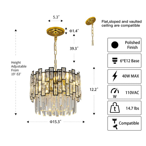 Diagram of modern crystal chandelier with metal frame and K9 crystals, diameter 15.35 inch, height adjustable, 6 light pendant.
