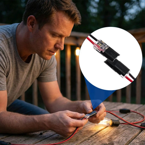 Man installing 60 Pcs Quick Clip Wire Connectors Set for 18 To 22 AWG Low Voltage LED Strips, shown in use on outdoor wiring.