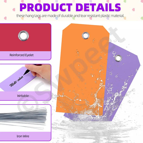 200Pcs Must Have Pink Waterproof Writable Eyelet Hole Plastic Tags With Wires Assortment Kit for durability and use showing tags with water splash and reinforced eyelets