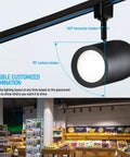 Flexible H Track Lighting Heads For Retail, 17.5W LED, Dimmable, CRI90, Matte Black, showing rotation angles, in a store setting.