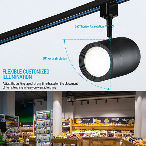 Flexible H Track Lighting Heads For Retail, 17.5W LED, Dimmable, CRI90, Matte Black, showing rotation angles, in a store setting.